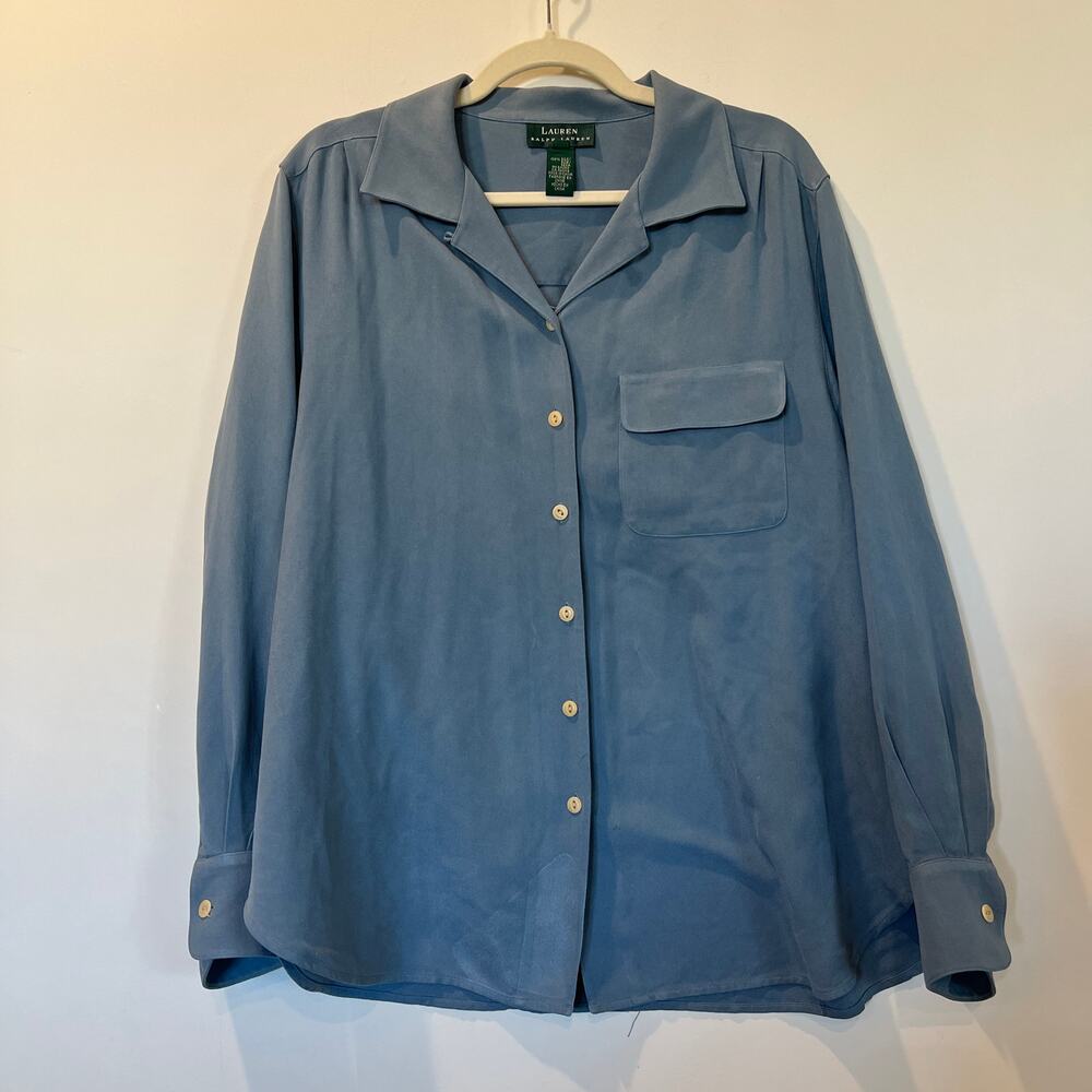 Vtg Lauren Ralph Lauren 100% silk button down shirt 16 coastal blue old money